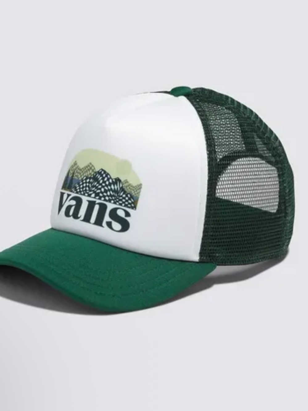 Vans White Front Green Mesh Trucker Hat with Mountain Logo